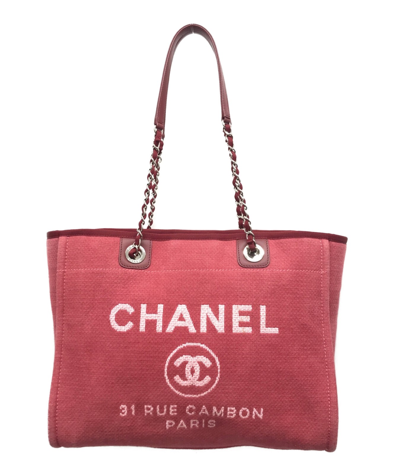 CHANEL Deauville MM Red Leather Tote Bag