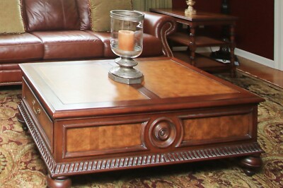 Ethan Allen Townhouse British Colonial Maple & Burl Elm Leather Top Coffee Table
