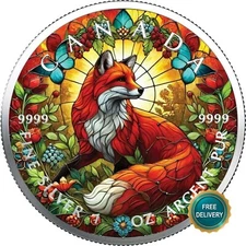 2025 1OZ Silver Canada Stained Glass Fox Colorized Color Certif. ONLY 100pc #94