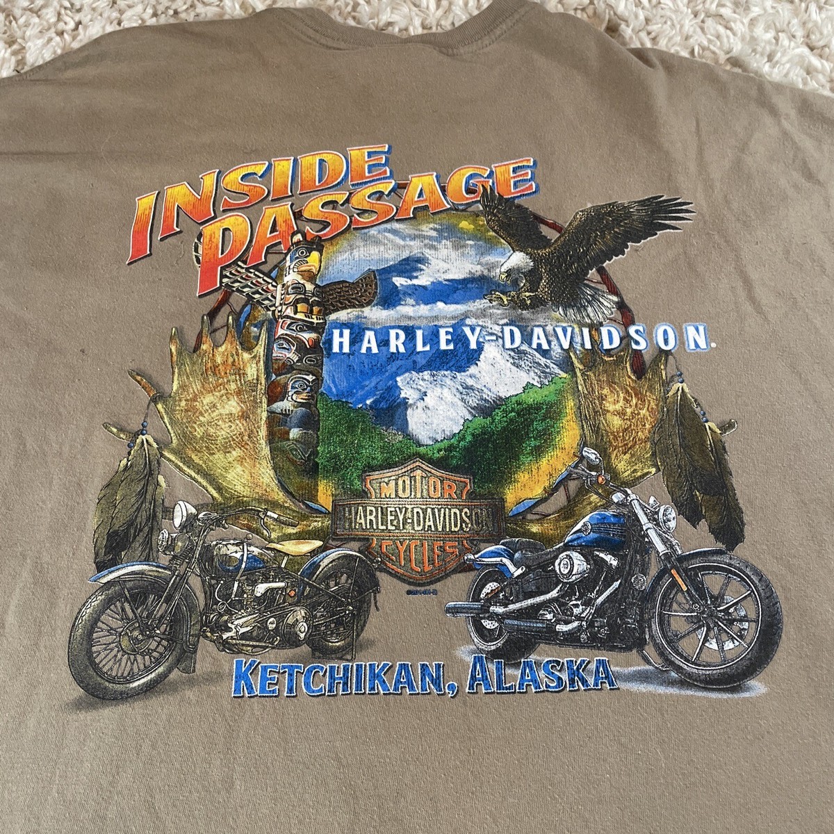 Harley Davidson Inside Passage Ketchikan Alaska Beige T-Shirt Size