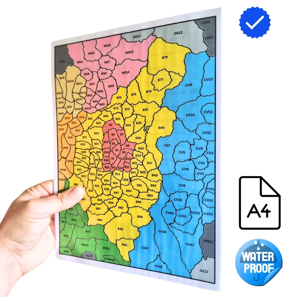 POSTCODE MAP of Birmingham A-Z Maps, Postal District Area (Size - A4, Laminated)