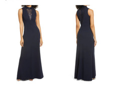 VINCE CAMUTO SEQUIN INSET MOCK NECK A-LINE NAVY GOWN sz 10