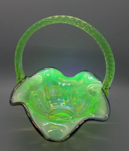 Fenton Vaseline Opal Paneled Handled Basket with Violet crest--GORGEOUS~