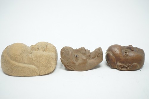Japanisches Holz Netsuke Set x3 Vintage Masken Sagemono aus Japan 0612F5 - Picture 4 of 12