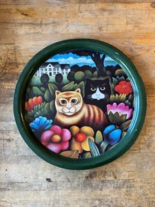 Rare Martin Leman Tin Cat Serving Tray Cute Folk Great Colors 16" Round Vintage