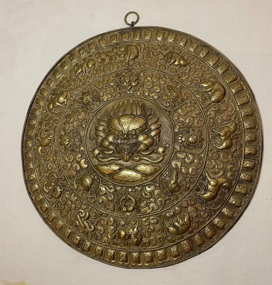 antiguo budista tibetano mecanizado bronce relieve circular pared placa arte escultura Foto 2 de 4