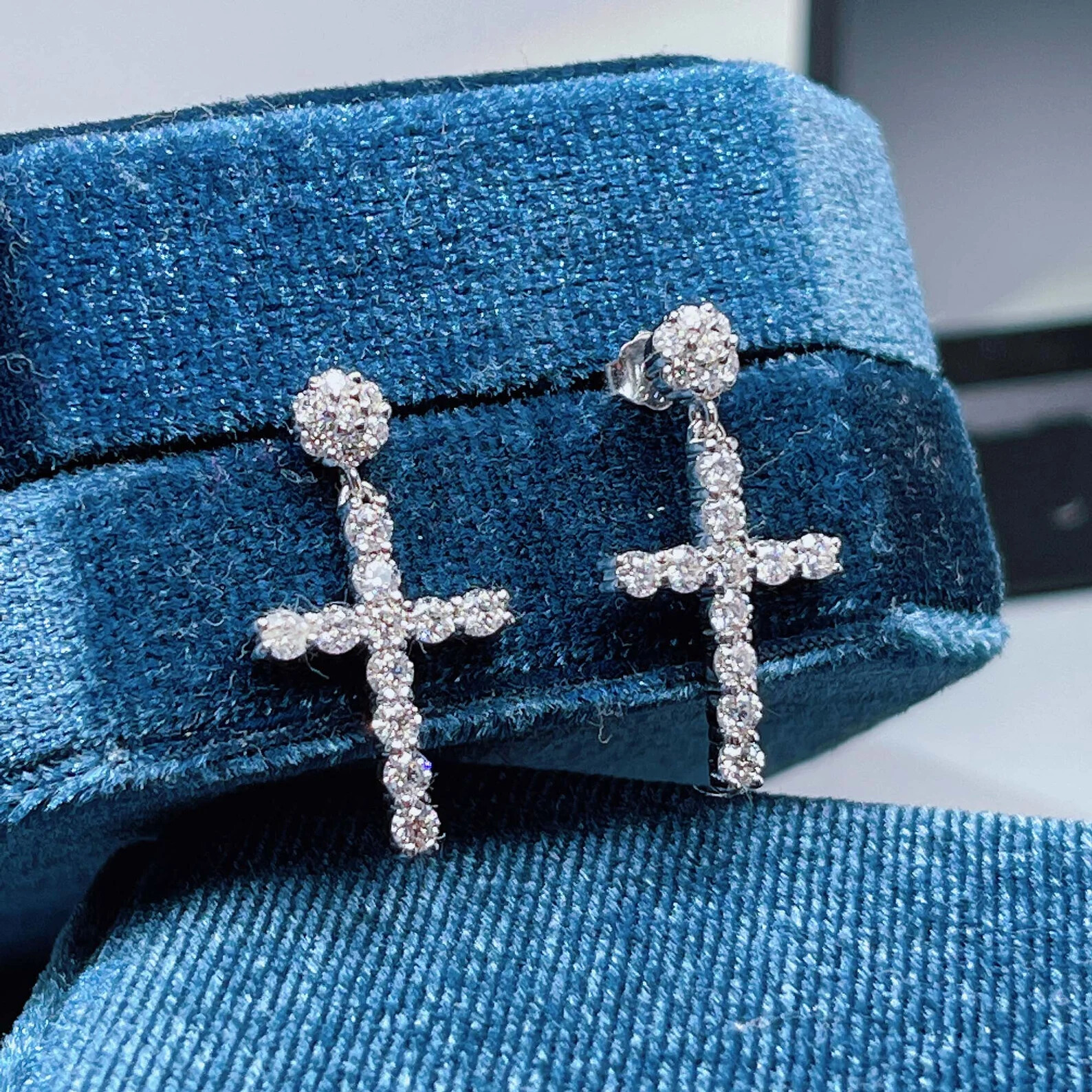 2Ct Round Moissanite Cross Dangle Earrings in 14K White Gold Silver Plated