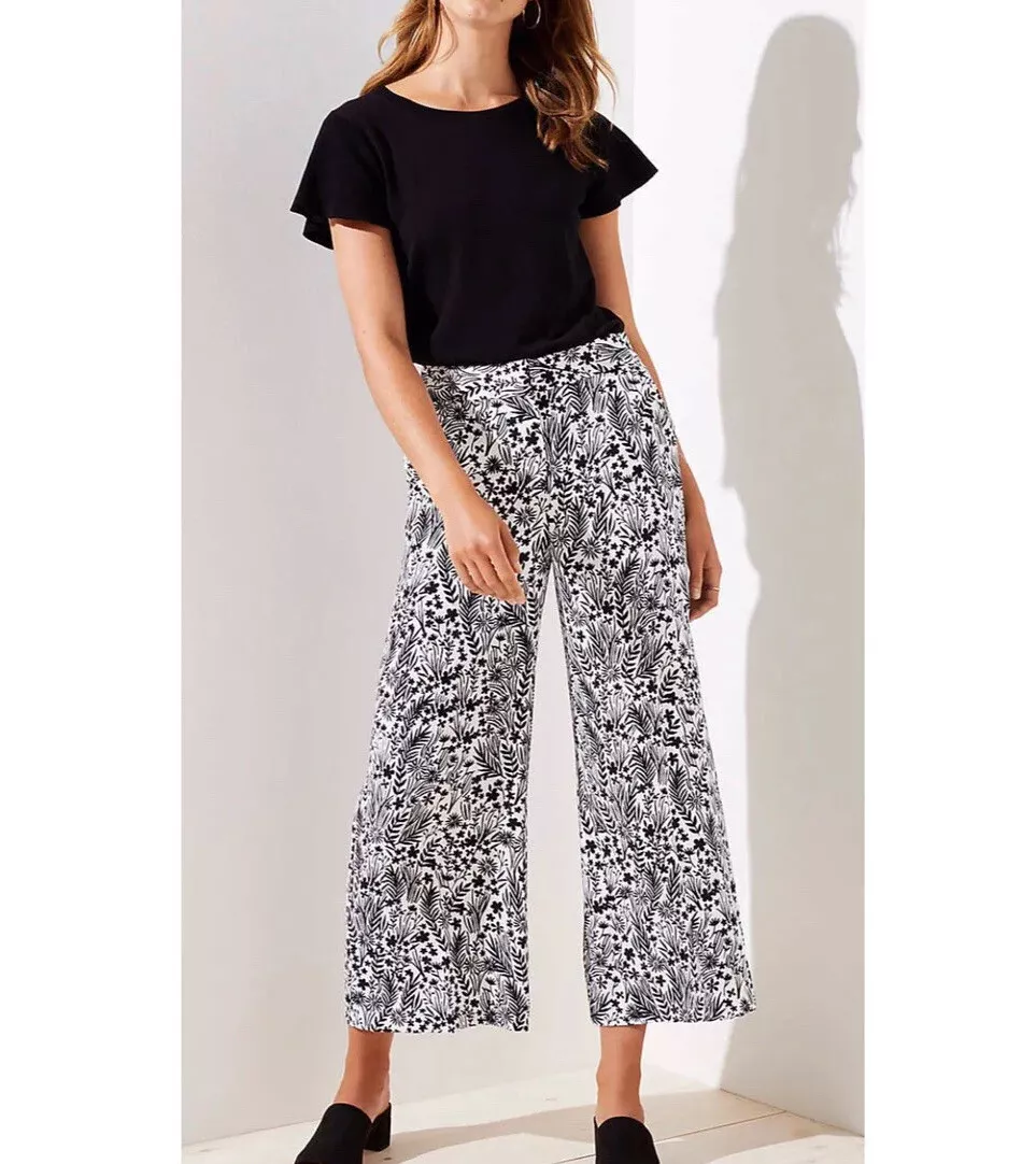 LOFT Women's White Black Floral Flowy Wide Leg Pants Size 10 NEW