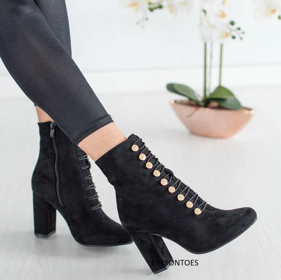 LADIES WOMENS ANKLE BLOCK HIGH HEEL BLACK LACE UP STUD FASHION SHOES BOOTS SIZE