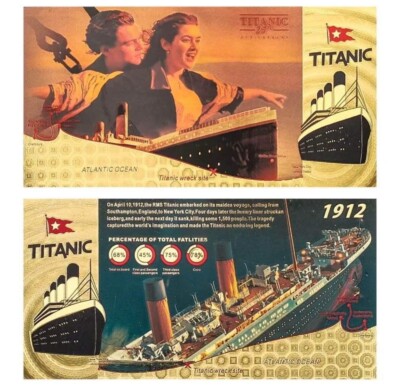 Titanic Filmmünze - Jack & Rose abgebildet in der kultigen Szene / Gold folierter Schein