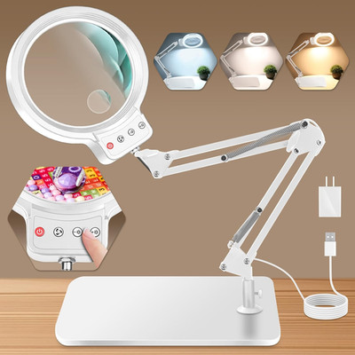 10X 30X Large Magnifying Glass with Light and Stand, 5-Inch Lighted Magnifier, 7