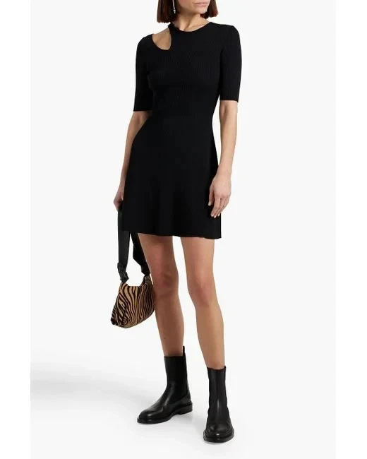 Vestido MAJE Negro Corte Acanalado Tejido Elastizado Botón a Presión Mini LBD 34 = 2 EE. UU. XS Foto 3 de 4