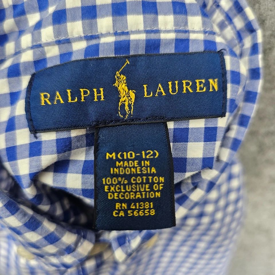Ralph Lauren Button Down Shirt Boys M 10 12 Blue White Pony Gingham Check RL Foto 3 de 4
