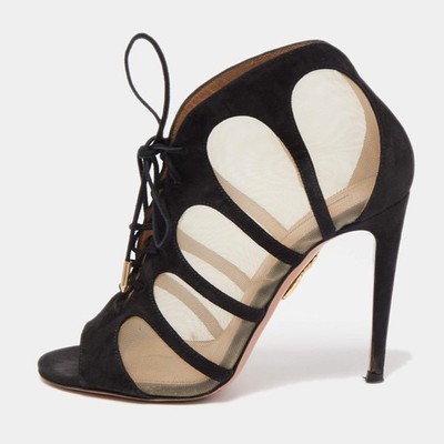 Aquazzura Black Lace And Suede Lace Up Booties Size 36.5