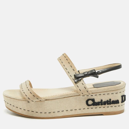 Sandales compensées plateforme Dior beige/noir toile et cuir pointure 38