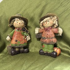 Decorative Thanksgiving Scarecrow Resin Figures - set of 2, girl boy