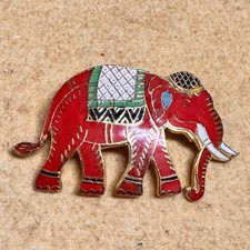 Vintage Enamel Red Elephant Pin Brooch Gold Tone Lucky Charm Accessory Asian