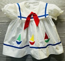 Vintage White Nautical Sailboats Baby Dress 12 Months Sailor Collar Red Bow READ