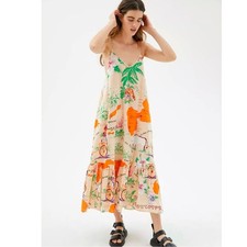 UO Sunkissed Printed Poplin Tropical Floral Flowy Pleated Ruffle Maxi Sundress M