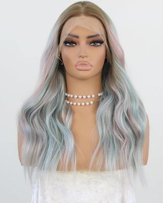 LACE FRONT WIG HUMAN HAIR BLENDED HIGHLIGHTS PINK BLUE BODYWAVE