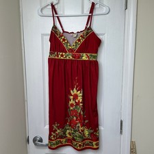 10X Women Red Tropical Floral Empire Waist Mini Dress Smocked Back Small