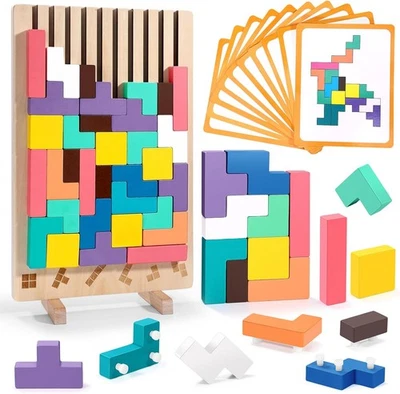 COFVETIA Tetris Holzspiel Montessori Puzzle – 42 Bausteine, Geometrie, Logik, Sensorik