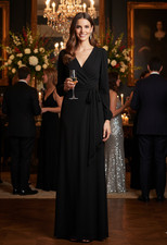 LRL Ralph Lauren Foiled Jersey Gown Womens 10 Black Surplice LS Tie Front Dress