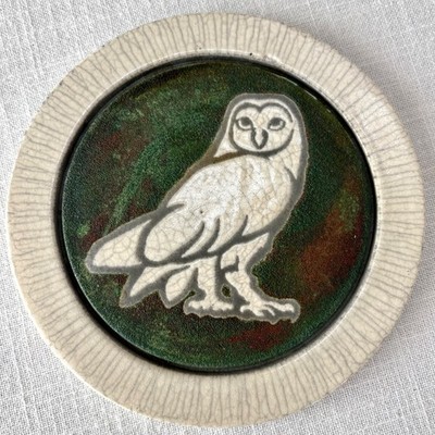 Jeremy Diller 6.5''  Raku Owl Studio Pottery Wall Art Trivet USA Signed Plate