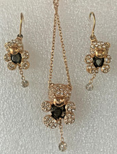 18k Rolled Gold Plated Teddy Bear Necklace and Dangle Earrings with CZ Stones