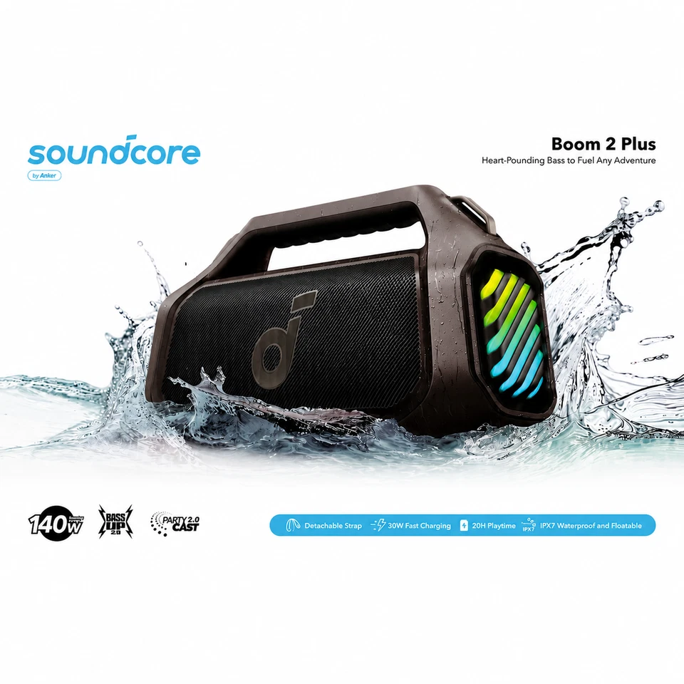 soundcore Boom 2 Plus Outdoor Lautsprecher 140W BassUp 2 20h IPX7 RGB USB C - Bild 2 von 3