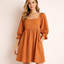 Madewell NWT Cottagecore Cotton Dress 10 Square Neck Orange Boho Prairie Pockets