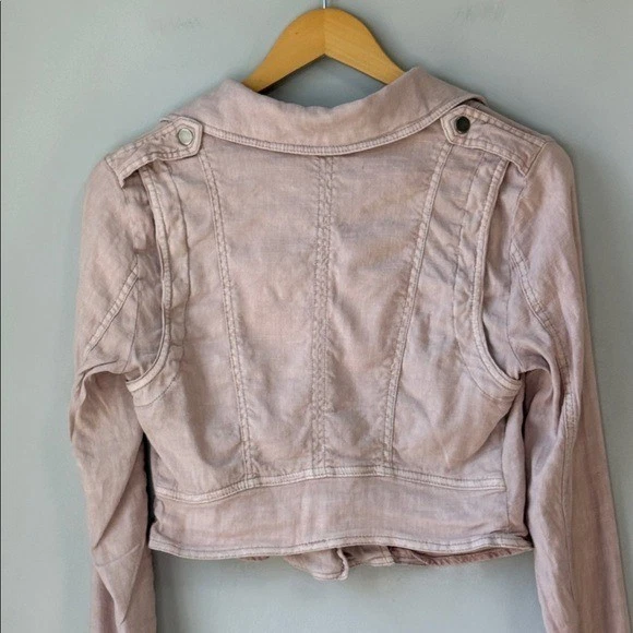 Chaqueta Free People Slub Rosa Lavanda Lino Recortada Moto Cremallera Talla 2 Foto 4 de 4