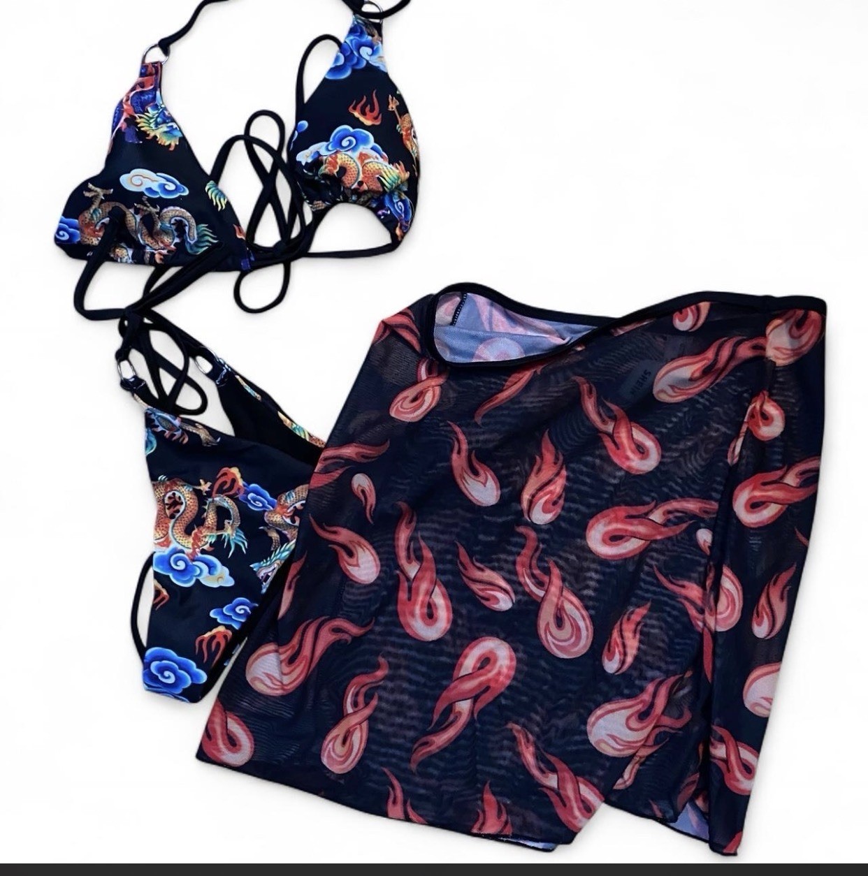 SHEIN Women’s 3-Piece Bikini Set S Black/Pink/Blue Triangle Halter Mesh