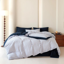 Blue Pinstripe Duvet Cover Queen 100 Washed Cotton 3 Pieces Set 1 Neutral Navy