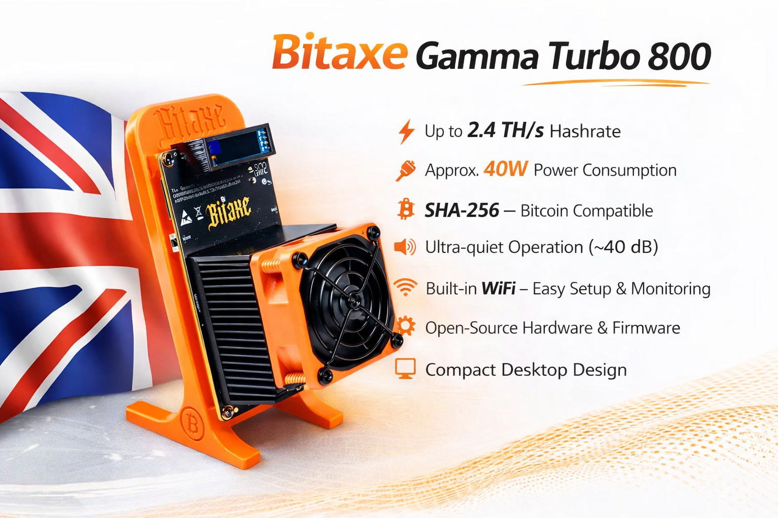 Bitaxe Gamma Turbo (GT) 800 Miner – Orange – 2.4 TH/s Ultra-Quiet - UK Stock