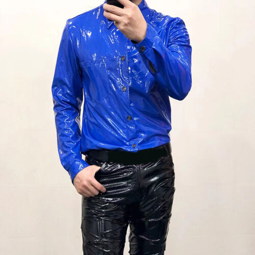 Hombres Camisa Brillante Imitación Cuero Manga Larga Prendas para el torso Delgado Fiesta Showman Disfraz Blusa - Imagen 17 de 38
