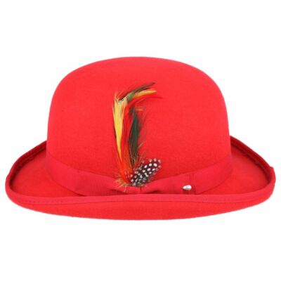 Vintage 60s Womens Red Wool Bowler Hat Orange Grosgrain Ribbon Netting Buttons Vintage red bowler hat - Gem main image 4