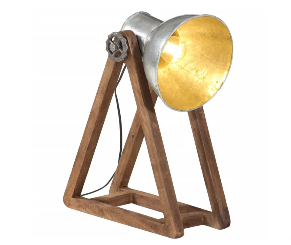 Vintage Schreibtischlampe aus Mangoholz und Metall 25W Industriestil Silber - Bild 1 von 4