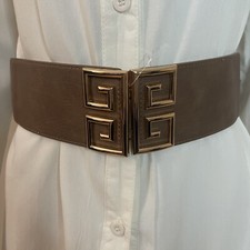 Taupe PU leather square buckle elastic waistband belt