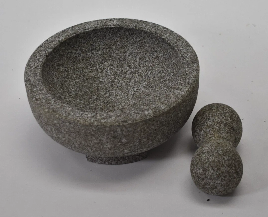 Large Size Mortar & Pestle Stone Set 2 Piece Rock Gray/Silver 6" Dia x 2" Deep