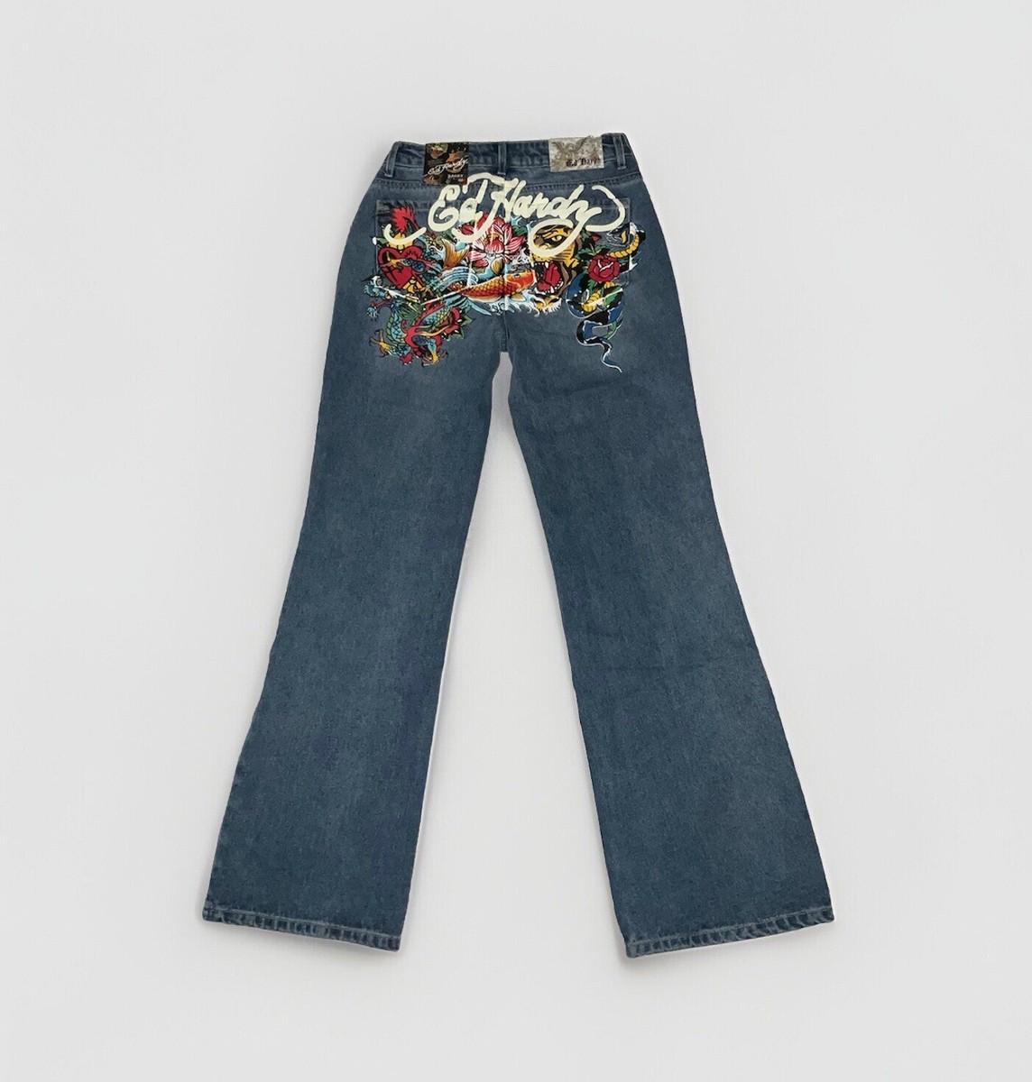 NWT ED HARDY Multi Tattoo Low Waist Baggy Jeans Women's Size 30