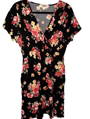 Women’s Black And Pink Floral Surplice V Neck Pocketed Dress Large