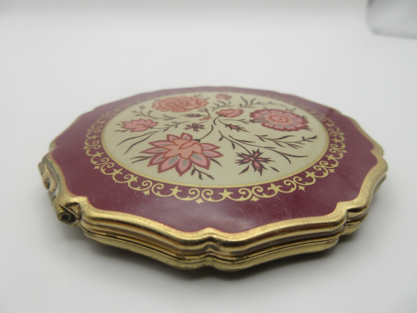Vtg Stratton England Burgundy Floral Rose Powder Compact w/ Mirror Gold UK