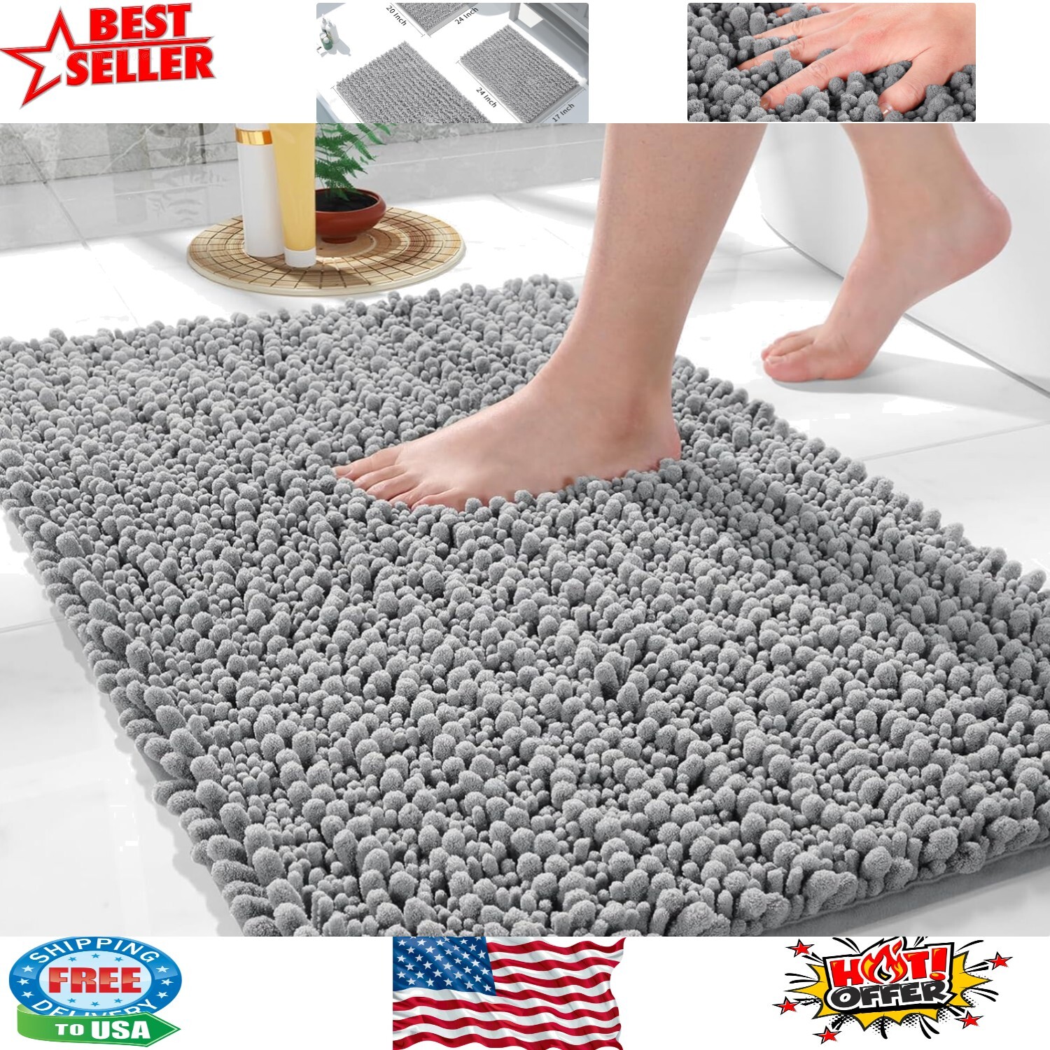 Ultra Soft 24x17 Chenille Bath Mat Absorbent Stylish Modern Bathroom
