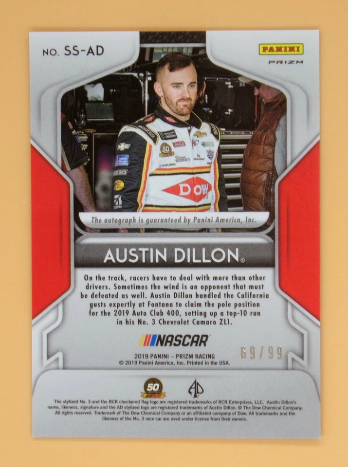 2019 Panini Prizm Austin Dillon 69/99 Signing Sessions Prizms Green #3  - Image 2 of 2