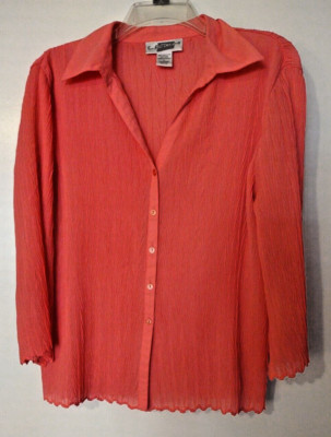 E.K. Designs Women's Coral 3/4 Sleeve Collared Crimp Button Poly Top Sz L Vneck