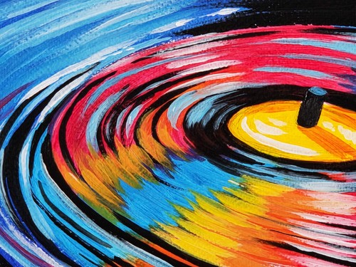 9x12 Acrylic Painting On Heavy Paper - Retro Spinning Record Colorful Rainbow - Picture 2 of 2
