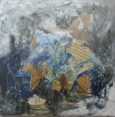 Menschen in blaugrau abstrakte Mixedmedia Öl/LW 90x90x8cm - Sonja Zeltner-Müller