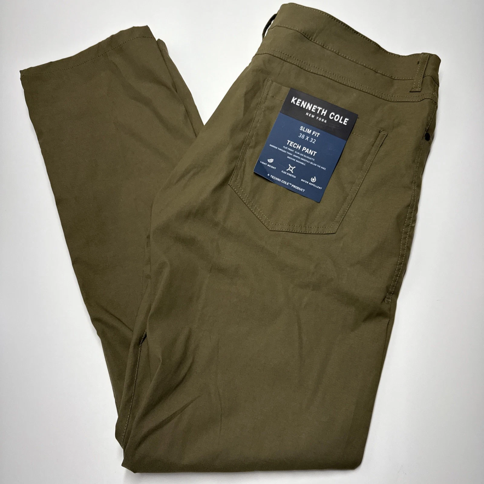 Kenneth Cole Tech Pants Mens 4way Stretch Slim Fit Dark Olive Green Sz 38x32