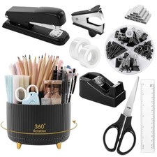 Skydue Black Office Supplies, Black Office Desk Accessories 10Pcs, Pencil Holder